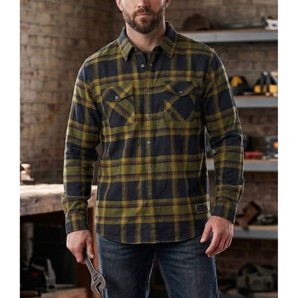 Troll Co. Dirty Hands Clean Money‎ Mens 2XL Flannel Shirt Olive Green Plaid L/S